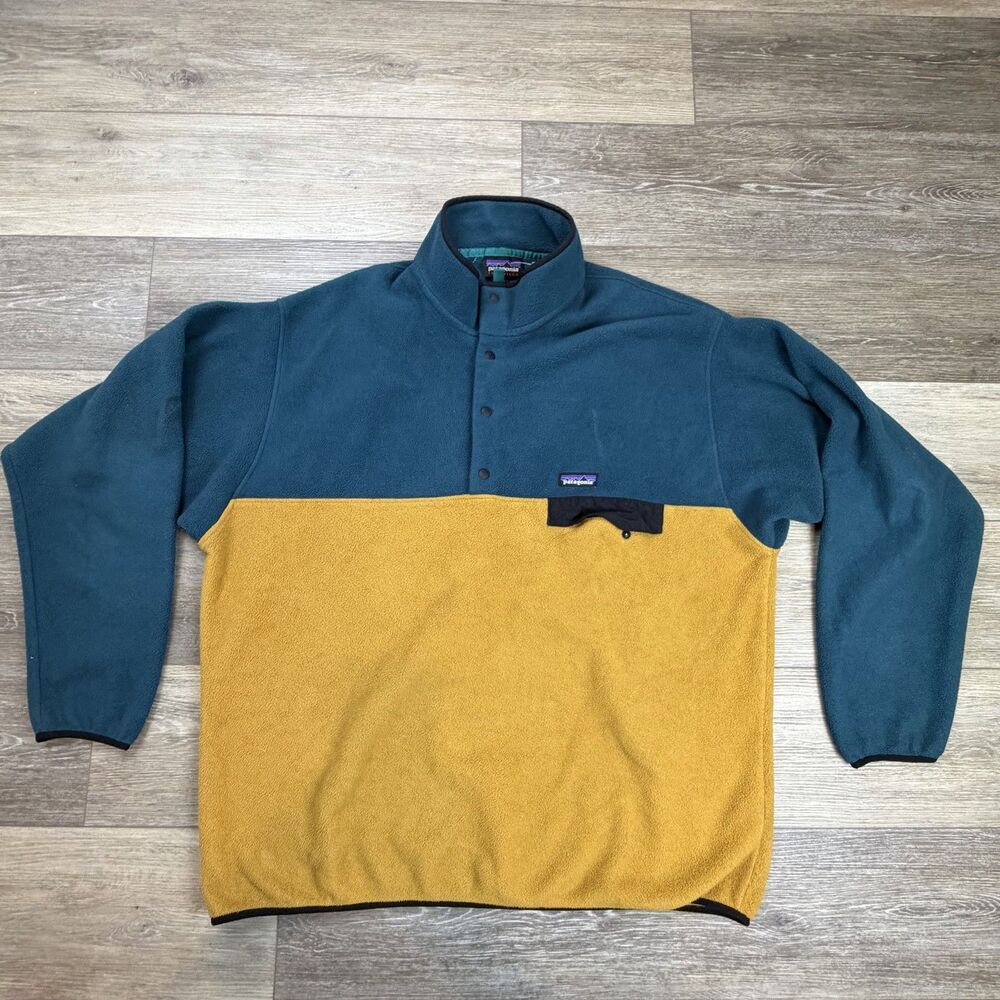 Patagonia Synchilla Jacket Mens 2XL Teal Gold Snap-T Fleece Pullover Relaxed